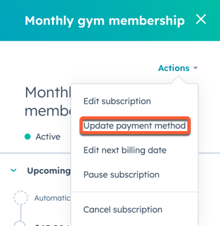 HubSpot subscription details panel: 'Actions' dropdown open, 'Update payment method' selected.