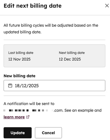 Dialog box in HubSpot to edit a subscription's next billing date using a date picker.