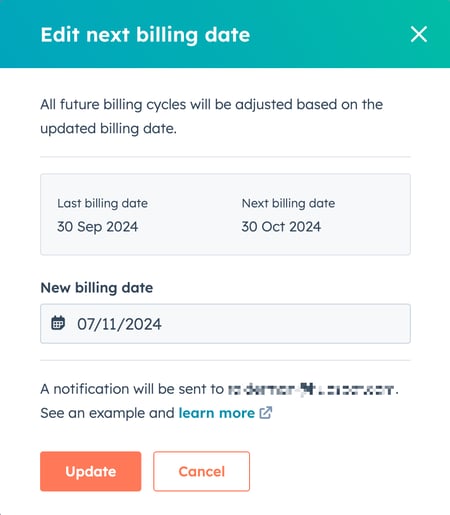 Dialog box in HubSpot to edit the next billing date for a subscription using a date picker.