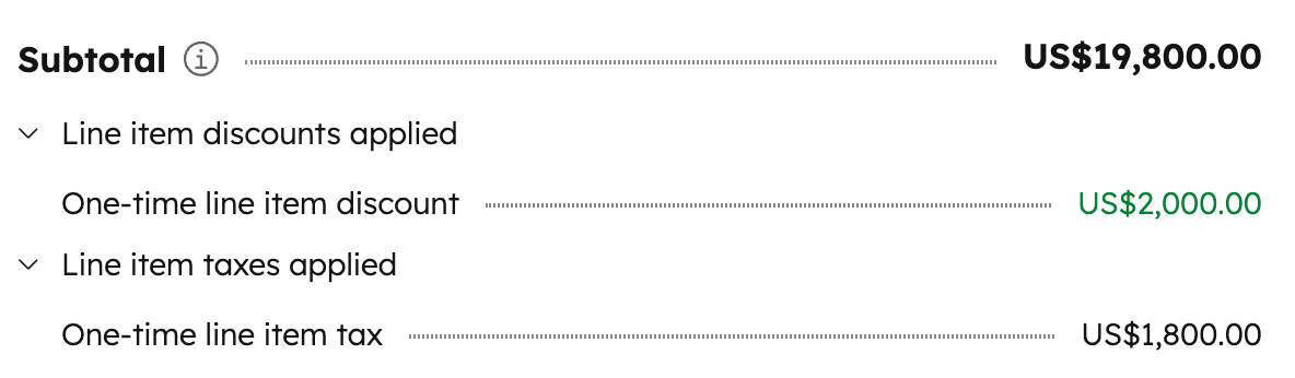 Subscriptions summary section showing applied discounts and taxes beneath the subtotal with expandable details.