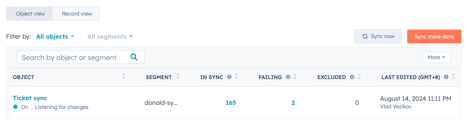 screenshot showing the Sync overview tab
