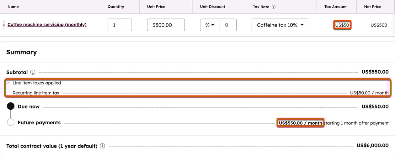 Subscription summary panel showing recurring tax rate, tax amount, and line item taxes applied.