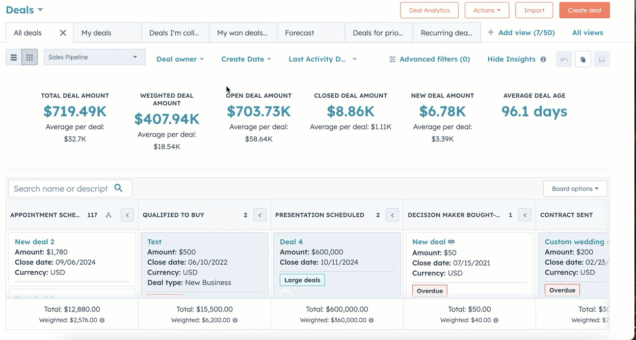 dialog box displays a deal pipeline's data. The user filters by 