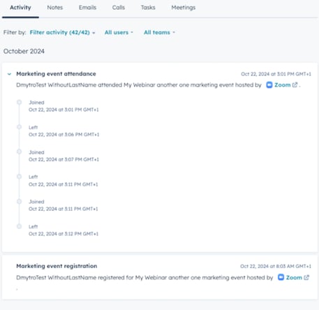 screenshot showing a Zoom webinar registration and attendance on a contact timeline in HubSpot