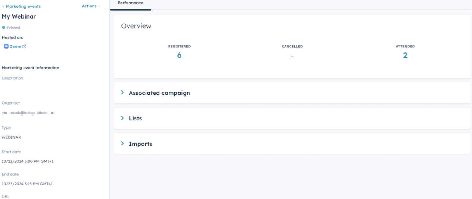 screenshot showing a Zoom webinar registration on a marketing event in HubSpot