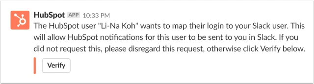 HubSpotユーザーをマッピングすることを確認するHubSpotアプリからのインスタントメッセージが表示されたSlackのスクリーンショット。