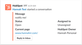Screenshot showing an example of a Slack notification for a HubSpot live chat conversation.