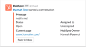 Screenshot showing an example of a Slack notification for a HubSpot live chat conversation.