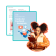 A woman with curly hair, wearing a stylish cream-colored vest, interacts with a tablet while seated, surrounded by graphic illustrations related to social media marketing on Facebook and Instagram.