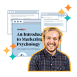 A smiling man with a light beard wearing a plaid shirt, surrounded by graphic elements including web pages featuring marketing psychology content.