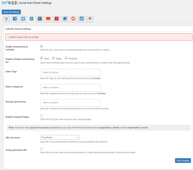 LinkedIn Setttings page of Social Auto Poster