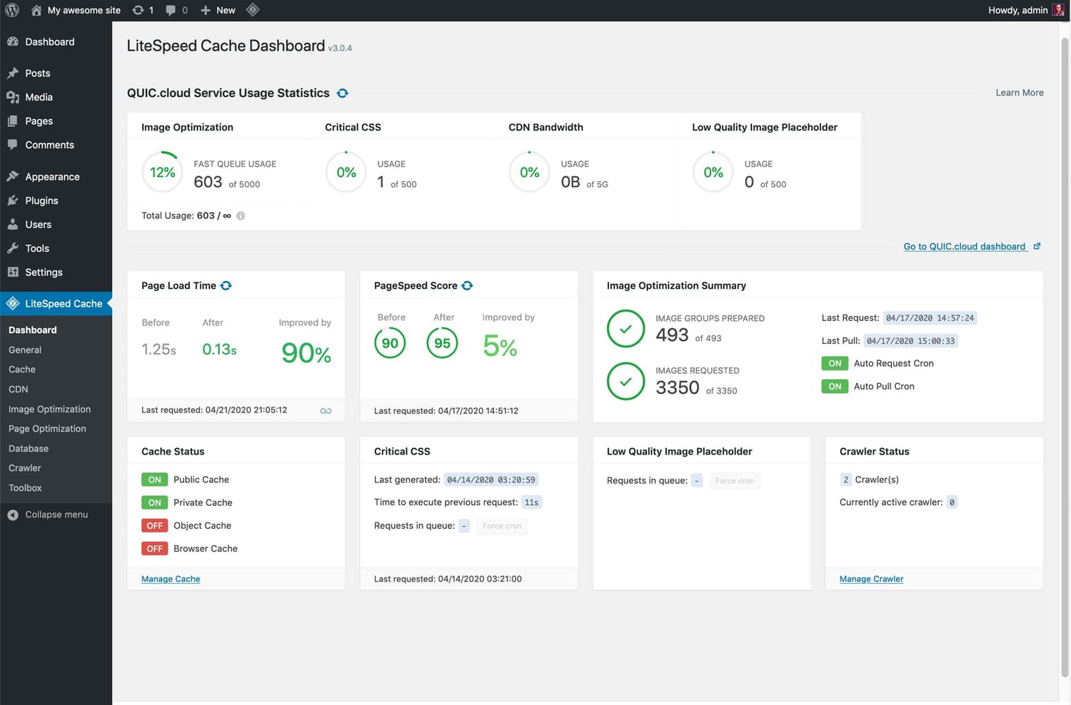 dashboard for the wordpress cache plugin LiteSpeed Cache