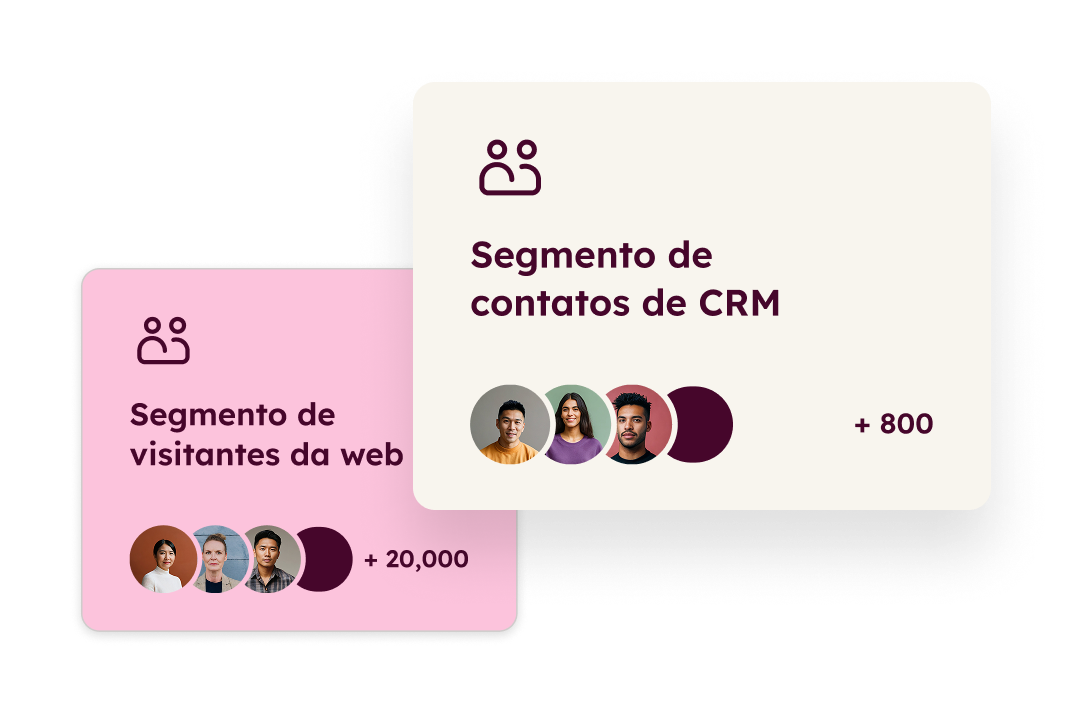 Mostra dois tipos diferentes de segmentos: um segmento de contatos do CRM e um segmento de visitantes do site.