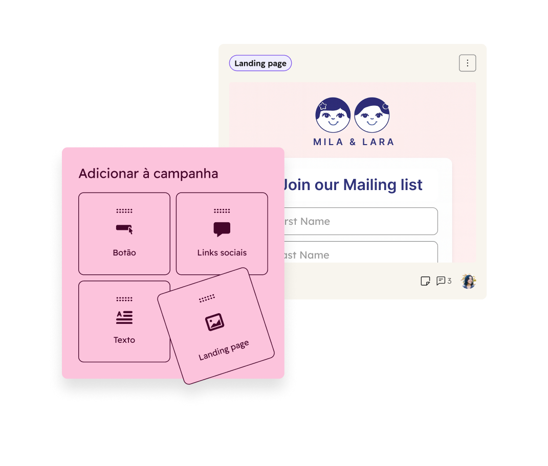 Mostra um usuário adicionando uma landing page a uma campanha do HubSpot. Outros ativos disponíveis para adicionar a uma campanha incluem botões de CTA, links de redes sociais, artigos da base de conhecimento, páginas do site, texto e muito mais.