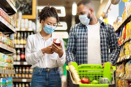 Married couple looking at a can of vegetables discounted using the loss leader pricing strategy