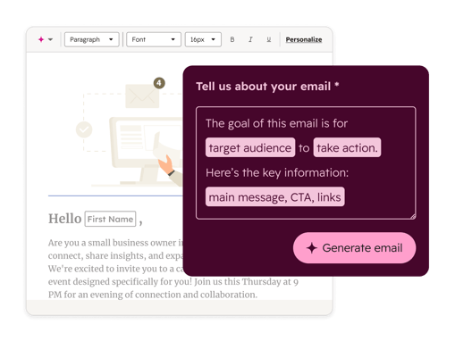 Shows a HubSpot user leveraging AI to create a marketing email, where the user specifies the target audience, main message, call-to-action, and links.