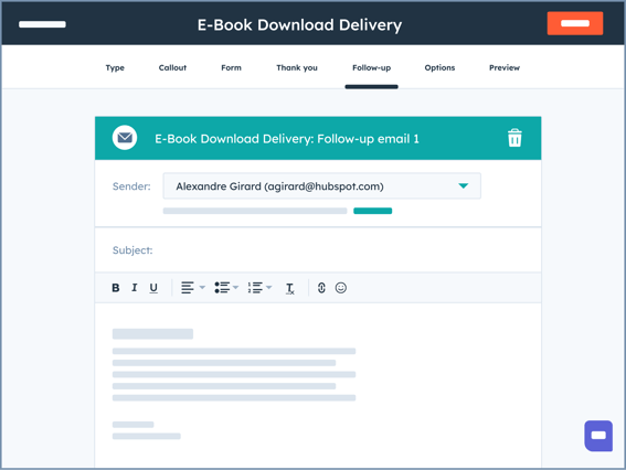 Interface de usuário da HubSpot mostrando um e-mail de nutrição automatizado criado na HubSpot