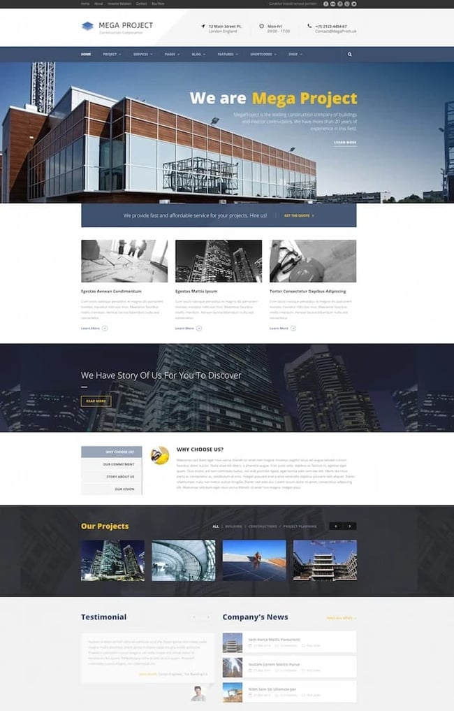 MegaProject construction theme wordpress live demo 