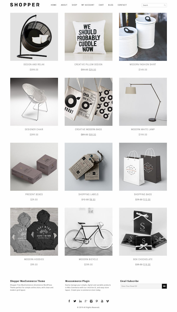 Minimalist ecommerce site created via Shopper WordPress theme