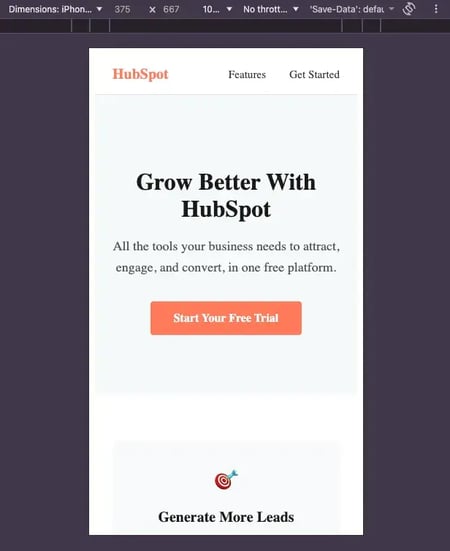 Mobile responsive preview for landing page using HTML and CSS in Chrome DevTools