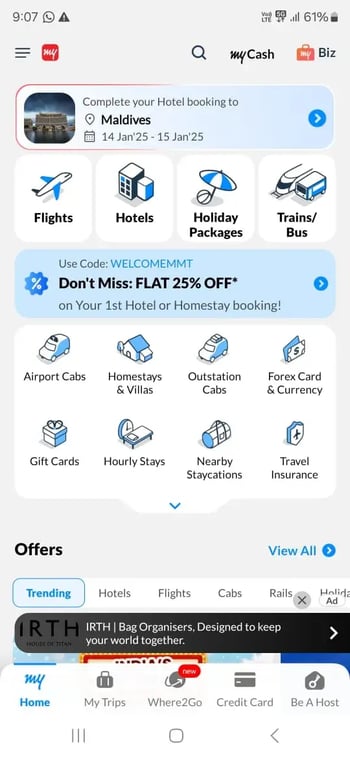 mobile first web design example of make my trip