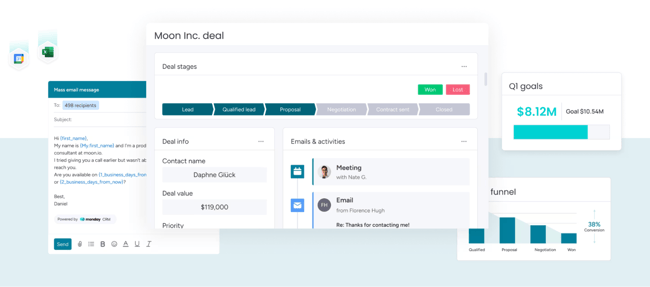 Monday.com CRM deal tracking showing Moon Inc. deal stages, contact info, emails, activities, and conversion funnel