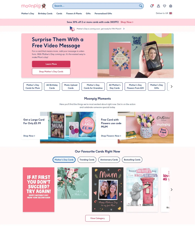 Moonpigs website shows how a pink background is used to highlight certain blocks.