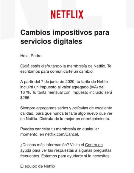 Notificación de Netflix sobre un incremento de precio
