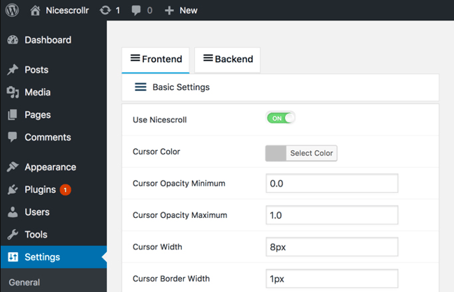 Nicescrollr plugin settings for creating back to top button for WordPress website