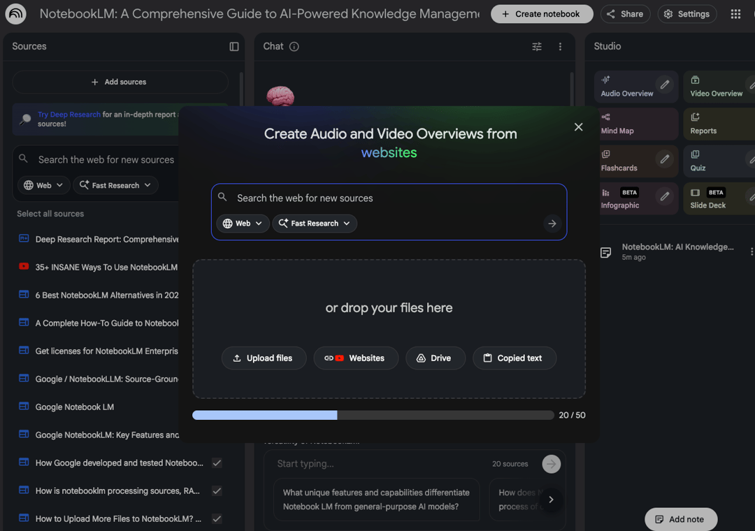 NotebookLM add sources dialog showing multiple input options, including file upload, Google Drive, website URLs, YouTube videos, and text paste