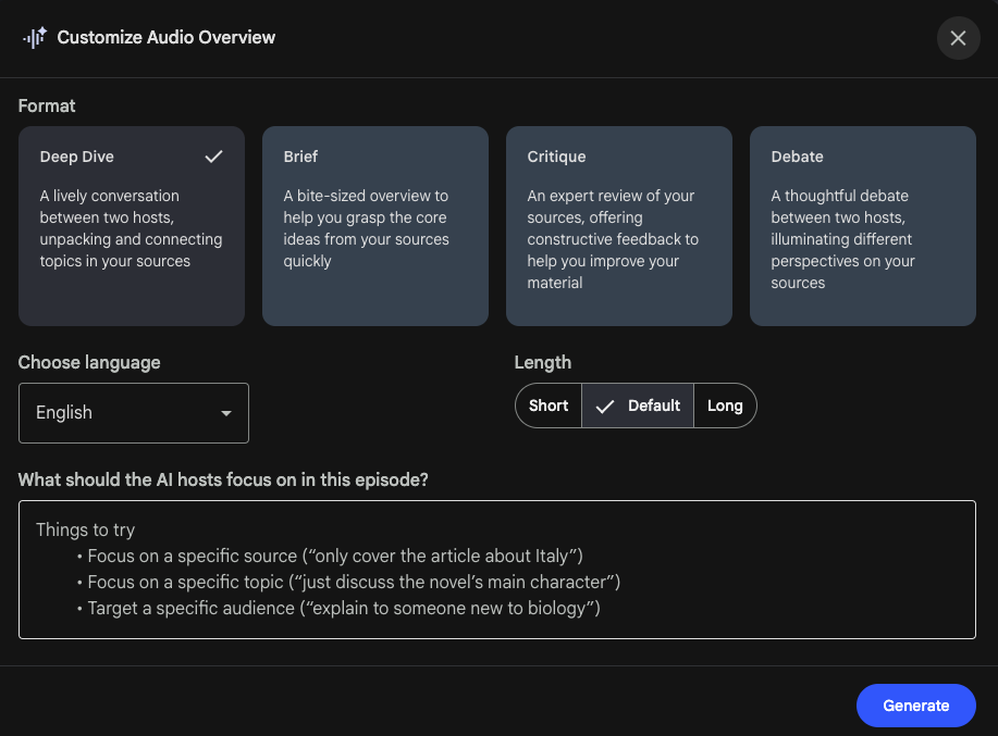 NotebookLM audio overview options showing podcast styles, length settings, language selection, and custom focus instructions-1