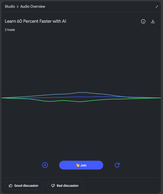 NotebookLM audio overview player showing playback controls and interactive join button for asking questions during the podcast-1