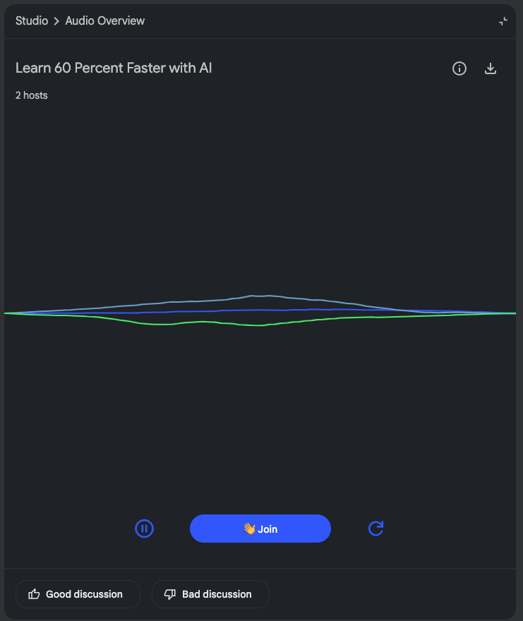 NotebookLM audio overview player showing playback controls and interactive join button for asking questions during the podcast-1