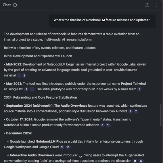 NotebookLM generated timeline showing chronological events with dates and citations from source materials