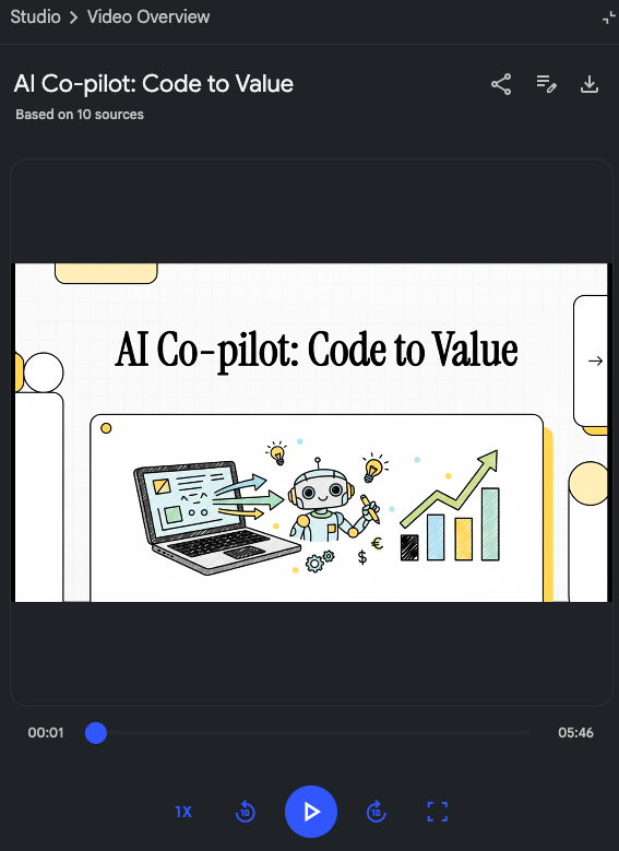 NotebookLM generated video overview showing AI-narrated slides with visual styling applied, including playback controls and download option