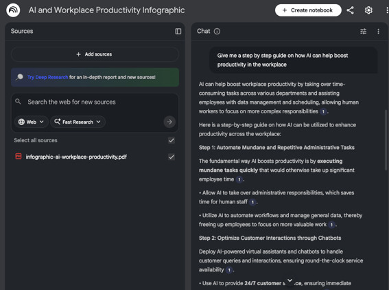 NotebookLM interface showing a PDF converted from an image in the sources list with a question and response about the image contents