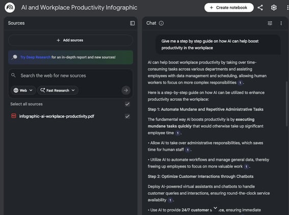 NotebookLM interface showing a PDF converted from an image in the sources list with a question and response about the image contents