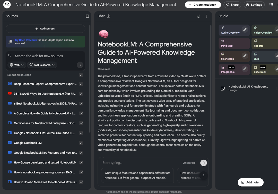 NotebookLM interface showing uploaded sources in left sidebar, chat conversation in center panel with citation numbers visible, and notes panel on the right side-1