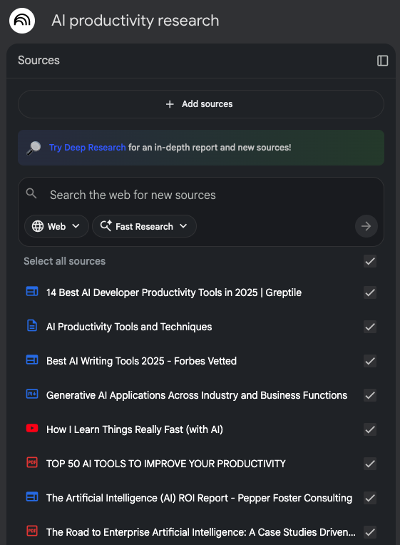 NotebookLM notebook titled AI Productivity Research showing multiple source types, including PDFs, web articles, and text documents in the left sidebar