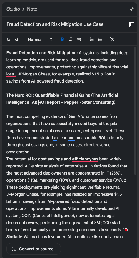NotebookLM notes panel showing add note button and custom user-created note alongside AI-generated responses