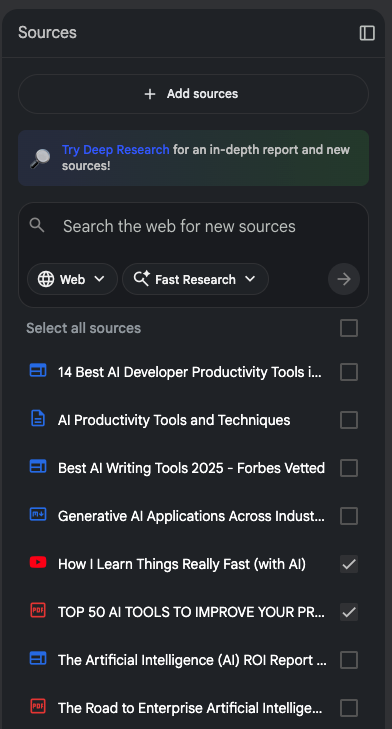 NotebookLM sources sidebar showing checkboxes next to each source for selecting which sources to use in queries-1