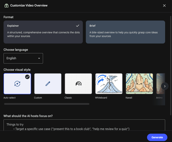 NotebookLM video overview interface showing video types, visual style options, including classic, whiteboard, watercolor, retro, heritage, and anime styles