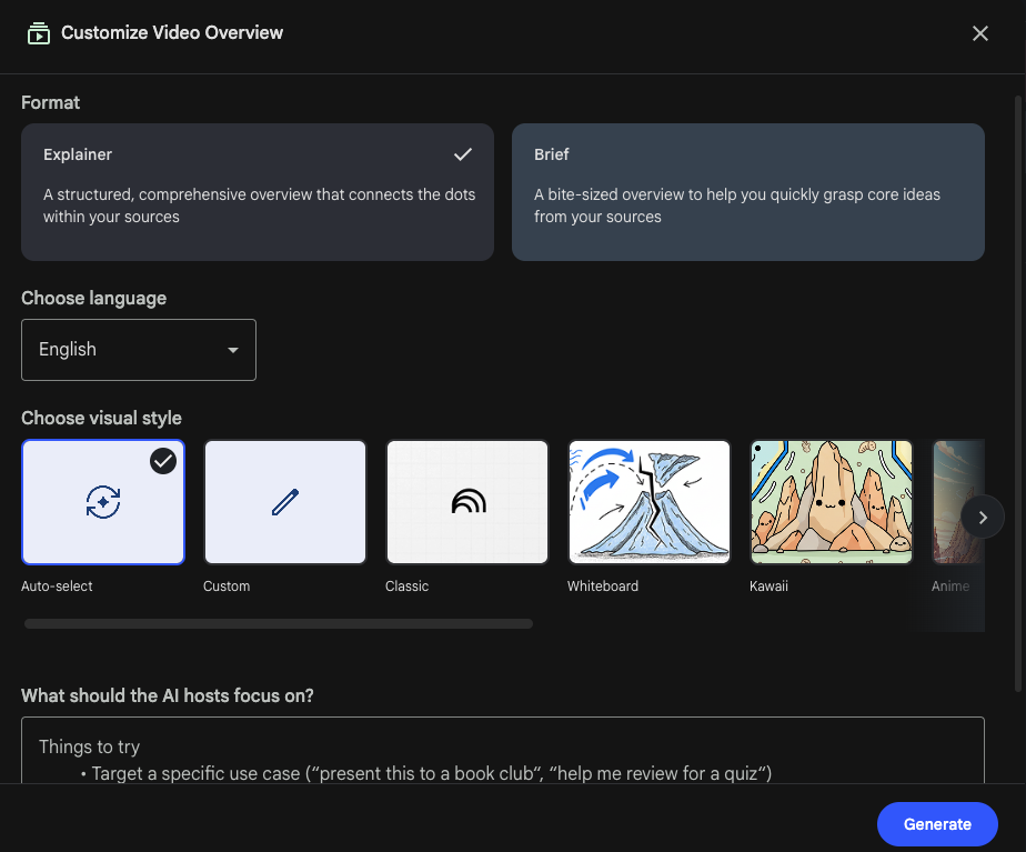 NotebookLM video overview interface showing video types, visual style options, including classic, whiteboard, watercolor, retro, heritage, and anime styles