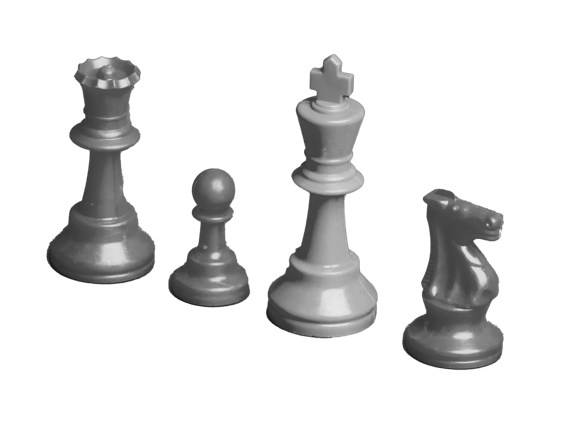 Chess pieces stand in a line: a queen, pawn, king, and knight