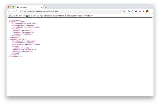 Un archivo XML abierto en el navegador Google Chrome.