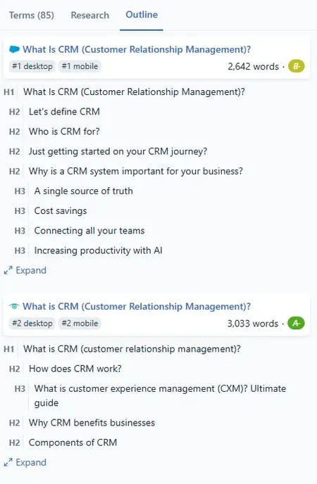 SEO Writing - Clearscope outline