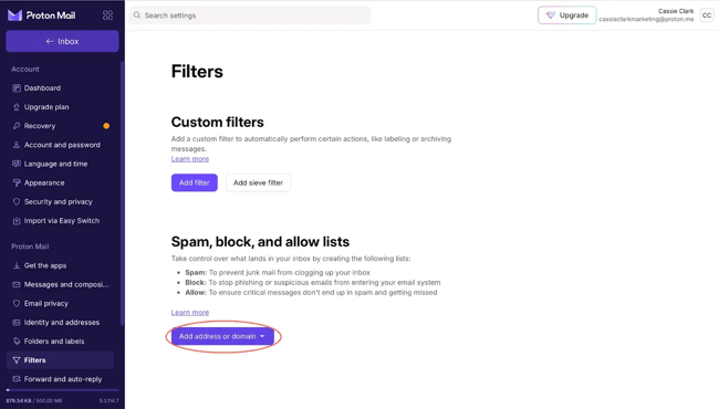 how to whitelist an email in protonmail: select filters from the sidebar
