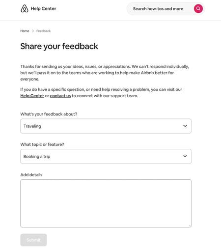 A website feedback form from Airbnb