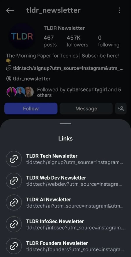 Instagram bio of TLDR Newsletter with a CTA to subscribe and multiple sign-up links for