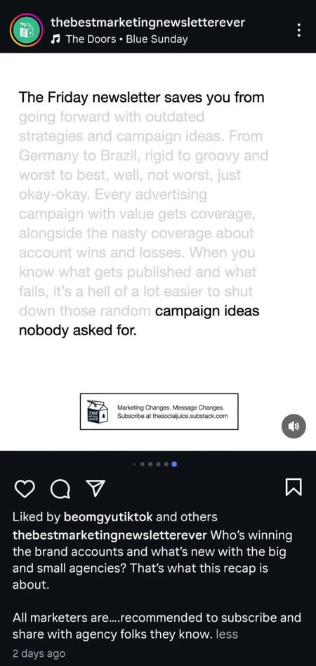 Instagram carousel post from @thebestmarketingnewsletterever promoting a Friday newsletter, with a CTA to subscribe at thesocialjuice.substack.com.